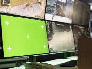 Military officer conducts tactical reconnaissance utilizing green screen monitors for data analysis. Army expert uses satellite on chroma key equipment to look at aerial map, pinpointing targets