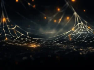 A spider web with red and blue strands. The web is blurry and has a dark background. Halloween background horizontal banner.