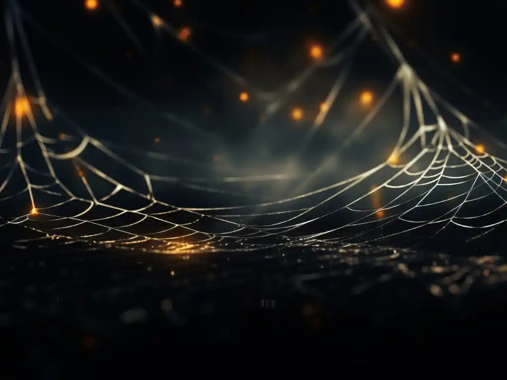 A spider web with red and blue strands. The web is blurry and has a dark background. Halloween background horizontal banner.