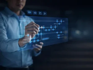 AI generated digital technology professional interacting with holographic data dashboard for analytics automation business intelligence and artificial intelligence software innovation