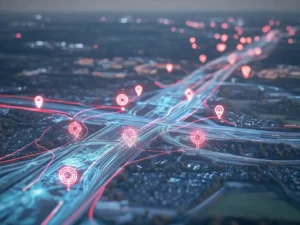 Futuristic city map with location pins and route lines, visualizing geospatial intelligence and logistics